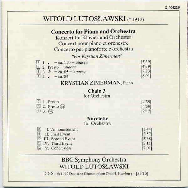 Witold Lutoslawski – Krystian Zimerman, BBC Symphony Orchestra, Witold Lutoslawski : Piano Concerto • Chain 3 • Novelette (CD, Album, Club)