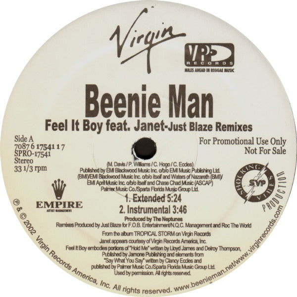 Beenie Man featuring Janet Jackson : Feel It Boy (12", Promo)