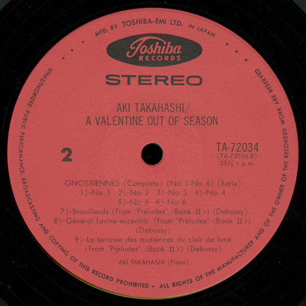 Aki Takahashi : A Valentine Out Of Season (LP, Album)