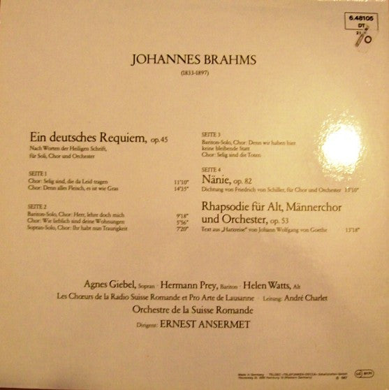 Johannes Brahms : Ein Deutsches Requiem / Alt-Rhapsodie / Nänie (2xLP, Album, Gat)