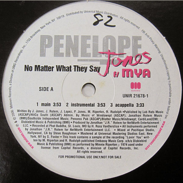 Penelope Jones Featuring Mya : No Matter What They Say (12", Single, Promo)