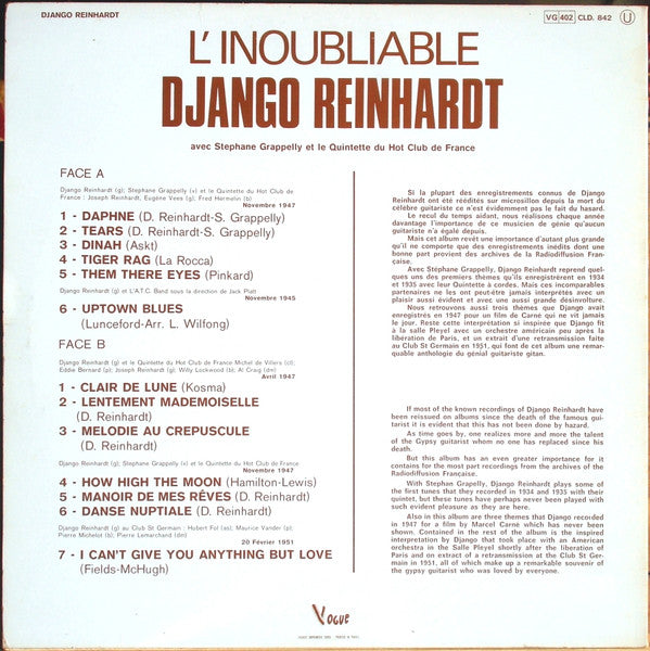 Django Reinhardt : L'inoubliable Django Reinhardt (LP, Comp, RE)