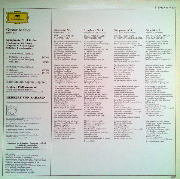 Gustav Mahler - Edith Mathis, Berliner Philharmoniker, Herbert von Karajan : 4. Symphonie (LP, Album)