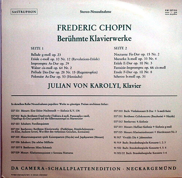 Frédéric Chopin - Julian Von Karolyi : Berühmte Klavierwerke (LP, Comp)