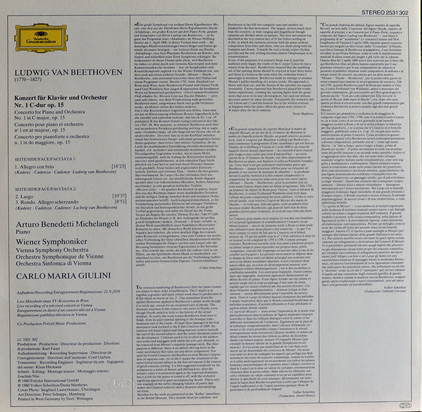 Ludwig Van Beethoven, Arturo Benedetti Michelangeli, Wiener Symphoniker • Carlo Maria Giulini : Klavierkonzert No. 1 • Piano Concerto (LP)