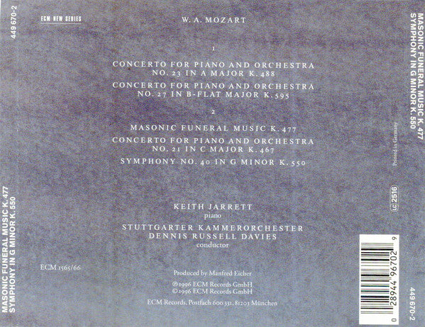 Wolfgang Amadeus Mozart, Keith Jarrett, Stuttgarter Kammerorchester, Dennis Russell Davies : Piano Concertos K. 467, 488, 595 / Masonic Funeral Music K. 477 / Symphony In G Minor K. 550 (2xCD, Album)