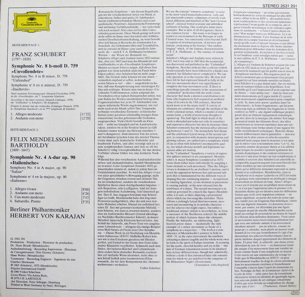 Franz Schubert / Felix Mendelssohn-Bartholdy - Berliner Philharmoniker • Herbert von Karajan : Symphonie Nr. 8 »Unvollendete« • »Unfinished« / Symphonie Nr. 4 »Italienische« • »Italian« (LP, Comp)