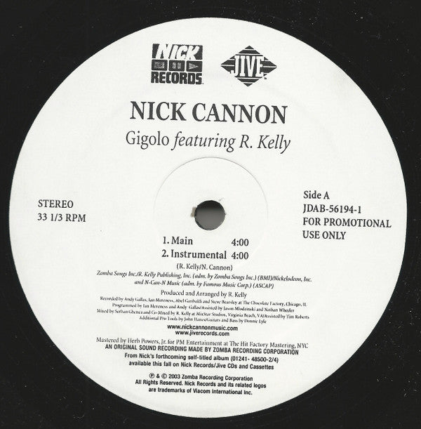 Nick Cannon Featuring R. Kelly : Gigolo (12", Single, Promo)