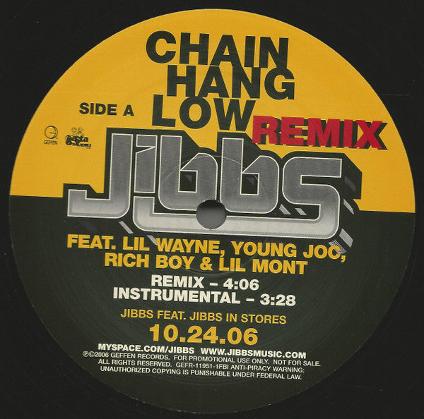 Jibbs : Chain Hang Low (Remix) (12", Single, Promo)