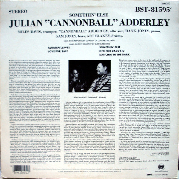 Cannonball Adderley, Miles Davis, Hank Jones, Sam Jones, Art Blakey : Somethin' Else (LP, Album, RE, DMM)