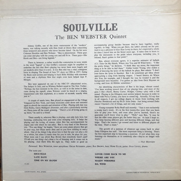 The Ben Webster Quintet : Soulville (LP, Album, Mono, RE)