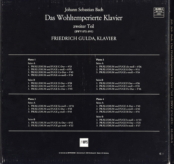 Johann Sebastian Bach, Friedrich Gulda : Das Wohltemperierte Klavier / Zweiter Teil (4xLP, Album, RP + Box)