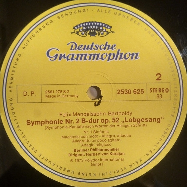 Felix Mendelssohn-Bartholdy, Herbert Von Karajan, Berliner Philharmoniker, Edith Mathis, Liselotte Rebmann, Werner Hollweg, Chor Der Deutschen Oper Berlin : Symphonien Nr. 1 & 2 "Lobgesang" (2xLP, Gat)