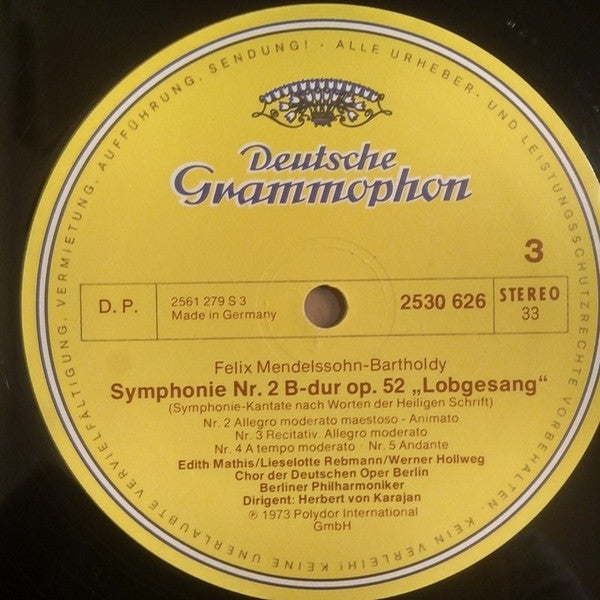 Felix Mendelssohn-Bartholdy, Herbert Von Karajan, Berliner Philharmoniker, Edith Mathis, Liselotte Rebmann, Werner Hollweg, Chor Der Deutschen Oper Berlin : Symphonien Nr. 1 & 2 "Lobgesang" (2xLP, Gat)