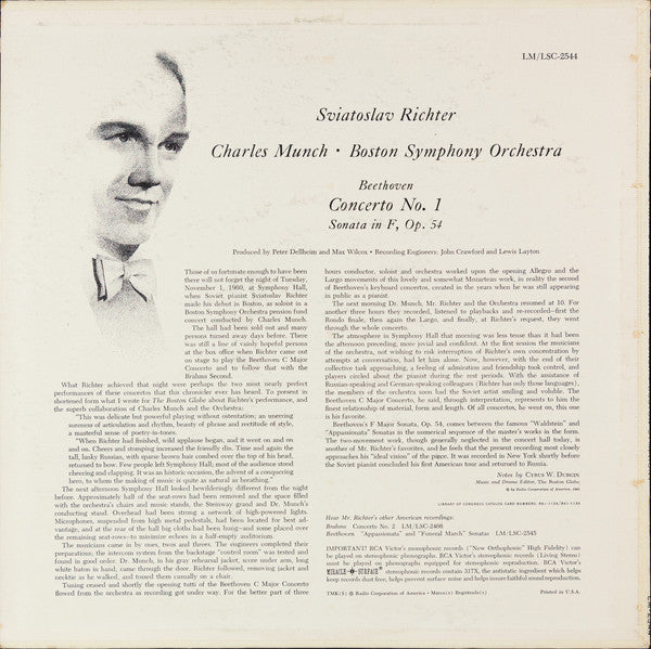 Sviatoslav Richter, Charles Munch / Boston Symphony Orchestra, Ludwig van Beethoven : Concerto No. 1 / Sonata Op. 54 (LP, Album, Mono)