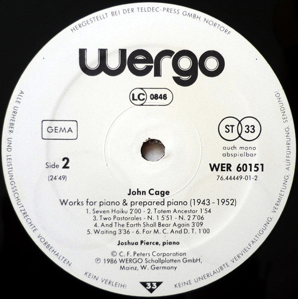 John Cage : Works For Piano & Prepared Piano (1943-1952) (LP, Album, RE)