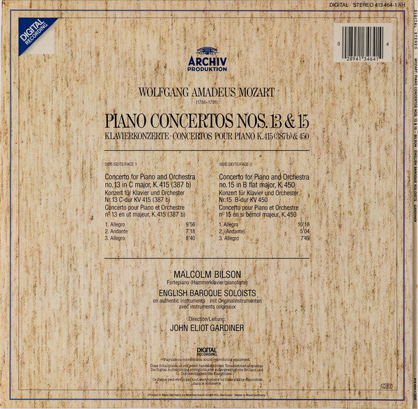 Wolfgang Amadeus Mozart - Malcolm Bilson • The English Baroque Soloists • John Eliot Gardiner : Piano Concertos Nos. 13 & 15 • Klavierkonzerte • Concertos Pour Piano K.415 & K.450 (LP, Album)