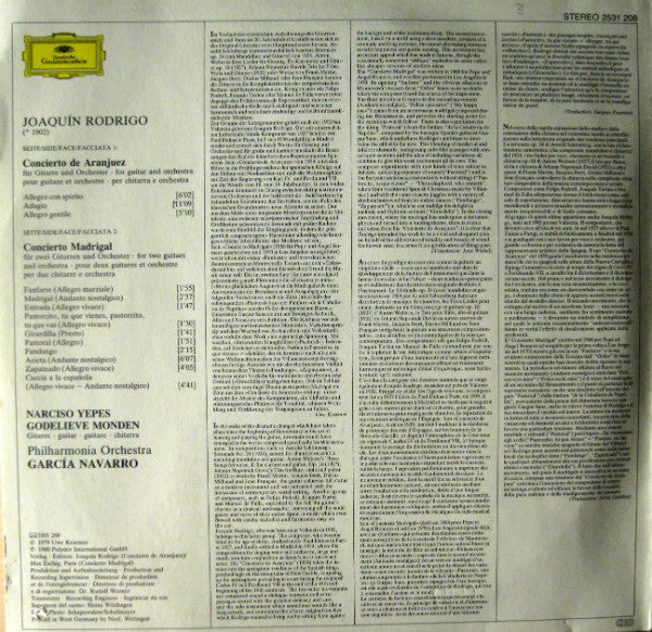 Joaquín Rodrigo - Narciso Yepes, Philharmonia Orchestra · Garcia Navarro : Concierto De Aranjuez · Concierto Madrigal (LP, Album)