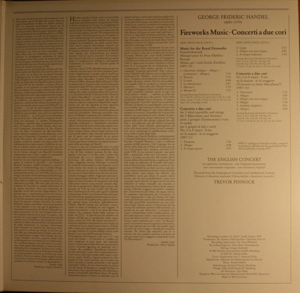 Georg Friedrich Händel / The English Concert, Trevor Pinnock : Music For The Royal Fireworks, Concerti A Due Cori (LP, Album, Gat)