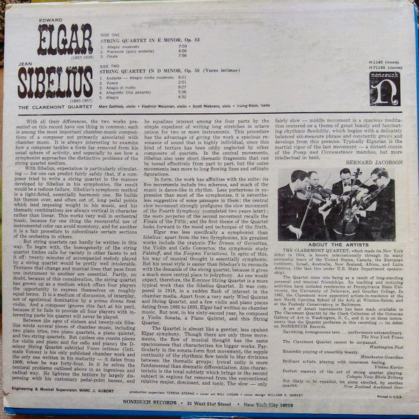 Sir Edward Elgar / Jean Sibelius - The Claremont Quartet : String Quartet In E Minor Op. 83 / String Quartet In D Minor (Voces Intimae) Op. 56 (LP, Album)