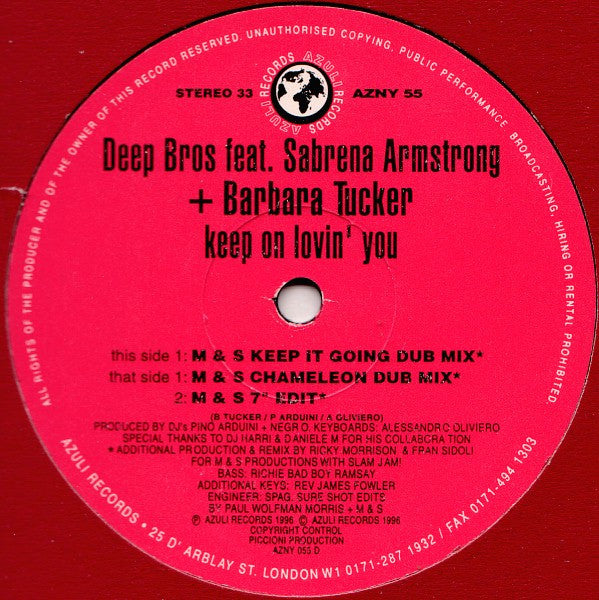 Deep Bros. Feat Sabrena Armstrong + Barbara Tucker : Keep On Lovin' You (2x12")