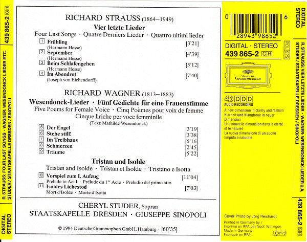 Richard Strauss · Richard Wagner - Cheryl Studer / Staatskapelle Dresden / Giuseppe Sinopoli : Vier Letzte Lieder · Wesendonck-Lieder · Tristan Und Isolde (CD, Album)