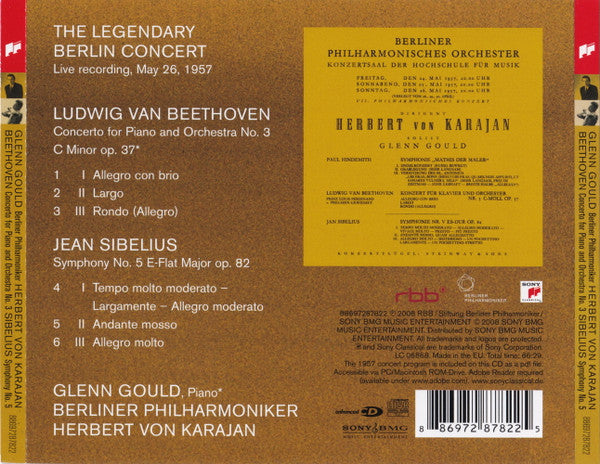 Glenn Gould, Herbert von Karajan, Berliner Philharmoniker - Ludwig van Beethoven / Jean Sibelius : Concerto For Piano And Orchestra No. 3 / Symphony No. 5 (CD, Album, Enh, RM)