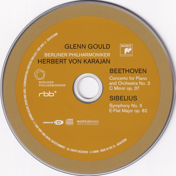 Glenn Gould, Herbert von Karajan, Berliner Philharmoniker - Ludwig van Beethoven / Jean Sibelius : Concerto For Piano And Orchestra No. 3 / Symphony No. 5 (CD, Album, Enh, RM)