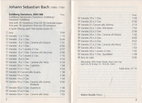 Johann Sebastian Bach, Glenn Gould : Goldberg Variations BWV 988 (1981 Digital Recording) (MD, Album, RE, RM)