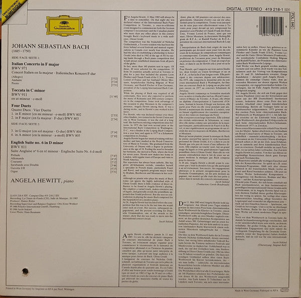 Johann Sebastian Bach, Angela Hewitt : English Suite No. 6 BWV 811 • 4 Duets BWV 802-805 • Italian Concerto BWV 971 • Toccata BWV 911 (LP)