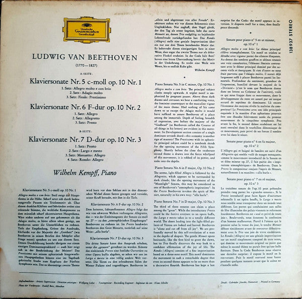 Ludwig van Beethoven, Wilhelm Kempff : Klaviersonaten Nr. 5 C-Moll, Nr 6. F-Dur, Nr. 7 D-Dur (LP)