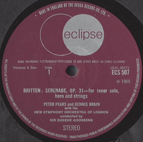 Benjamin Britten, Peter Pears, Dennis Brain : Serenade For Tenor, Horn & Strings / A Ceremony Of Carols / Missa Brevis (LP, Comp, RM)