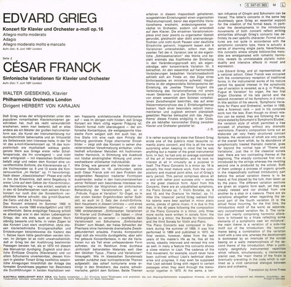 Edvard Grieg / César Franck - Walter Gieseking, Herbert Von Karajan, Philharmonia Orchestra : Konzert Für Klavier Und Orchester A-moll Op. 16 / Sinfonische Variationen Für Klavier Und Orchester  (LP, Mono)