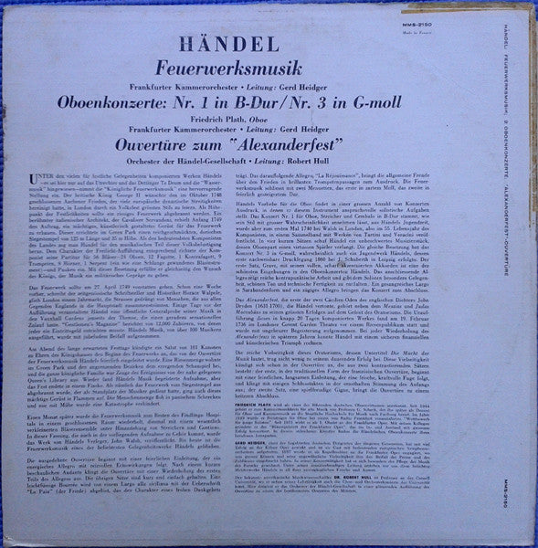 Georg Friedrich Händel, Friedrich Plath, Frankfurt Chamber Orchestra, Gerd Heidger : Feuerwerksmusik - Oboenkonzerte: Nr. 1 In B-Dur / Nr. 3 In G-Moll (LP)