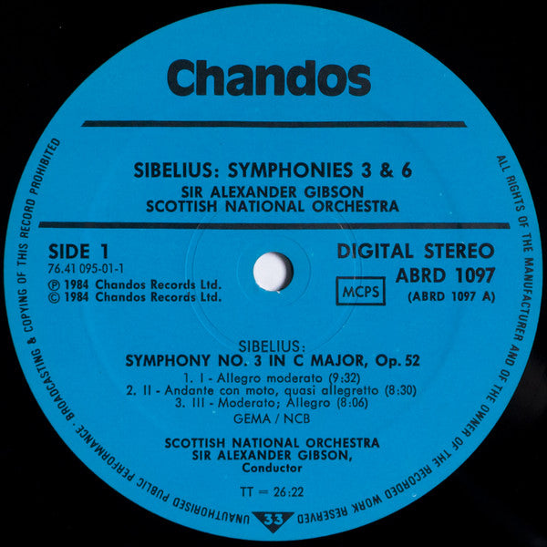 Jean Sibelius, Royal Scottish National Orchestra, Alexander Gibson : Symphonies No. 3 & 6 (LP)