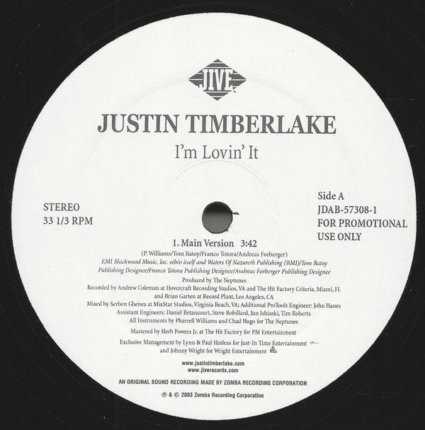 Justin Timberlake : I'm Lovin' It (12", Promo)