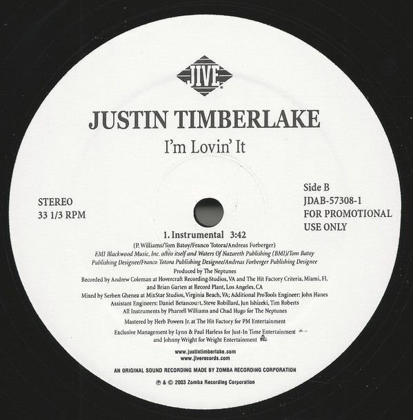 Justin Timberlake : I'm Lovin' It (12", Promo)