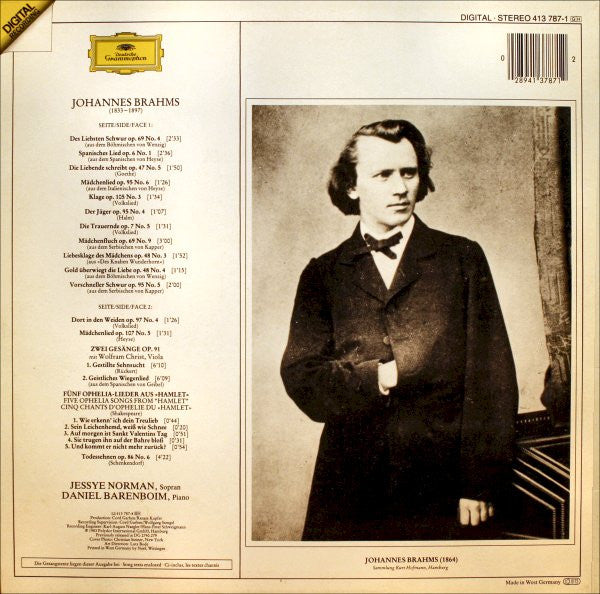 Johannes Brahms - Jessye Norman • Daniel Barenboim • Wolfram Christ : Lieder: Spanisches Lied • Mädchenlied • Ophelia-Lieder • Gestillte Sehnsucht • Geistliches Wiegenlied (LP, Album, RE)