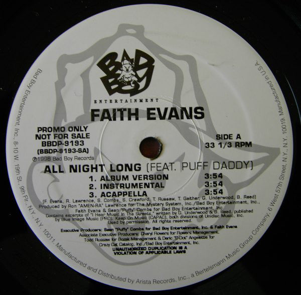 Faith Evans Feat. Puff Daddy : All Night Long (12", Promo)