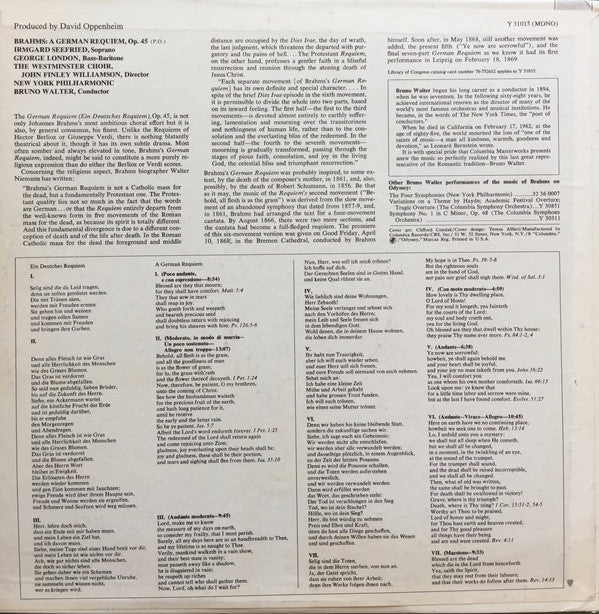 Johannes Brahms - Bruno Walter / The New York Philharmonic Orchestra, Irmgard Seefried • George London (2) • Westminster Symphonic Choir : A German Requiem (LP, Mono)