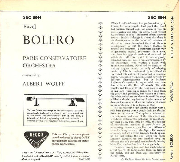 Maurice Ravel, Orchestre De La Société Des Concerts Du Conservatoire, Albert Wolff : Bolero (7", EP)