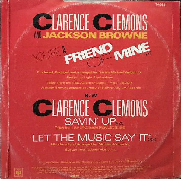 Clarence Clemons and Jackson Browne : You're A Friend Of Mine (12")