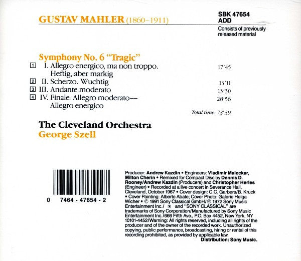 Mahler* - The Cleveland Orchestra, George Szell : Symphony No. 6 "Tragic" (CD, RE, RM)