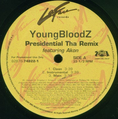 YoungBloodZ Featuring Akon : Presidential (Tha Remix) (12", Single, Promo)