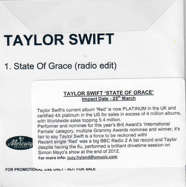 Taylor Swift : State Of Grace (CDr, Single, Promo)