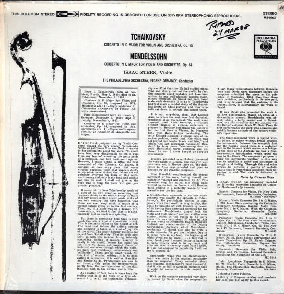 Isaac Stern, Pyotr Ilyich Tchaikovsky, Felix Mendelssohn-Bartholdy, Eugene Ormandy, The Philadelphia Orchestra :  Violin Concerto In D Major /  Violin Concerto In E Minor (LP)