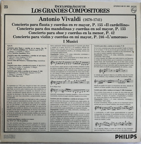 Antonio Vivaldi - I Musici : Concierto Para Flauta, P. 155 "Il Cardellino" / Concierto Para Dos Mandolinas, P. 133 / Concierto Para Oboe, P. 42 / Concierto Para Violín, P. 246 "L'Amoroso" (LP, Comp)