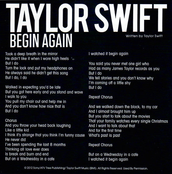 Taylor Swift : Begin Again (CD, Single, Promo)