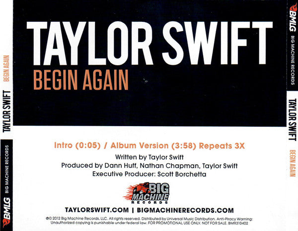 Taylor Swift : Begin Again (CD, Single, Promo)