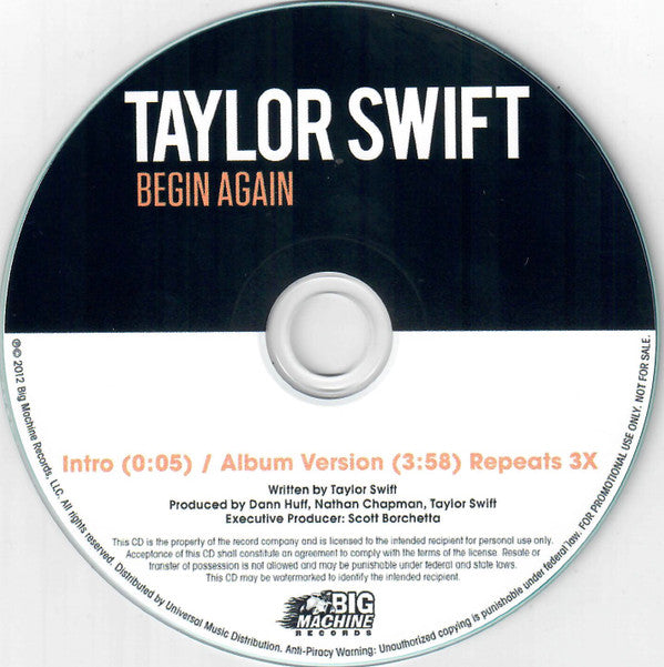 Taylor Swift : Begin Again (CD, Single, Promo)